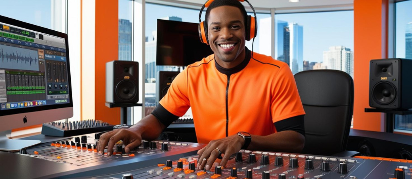 Audio Production professional working at a soundboard.